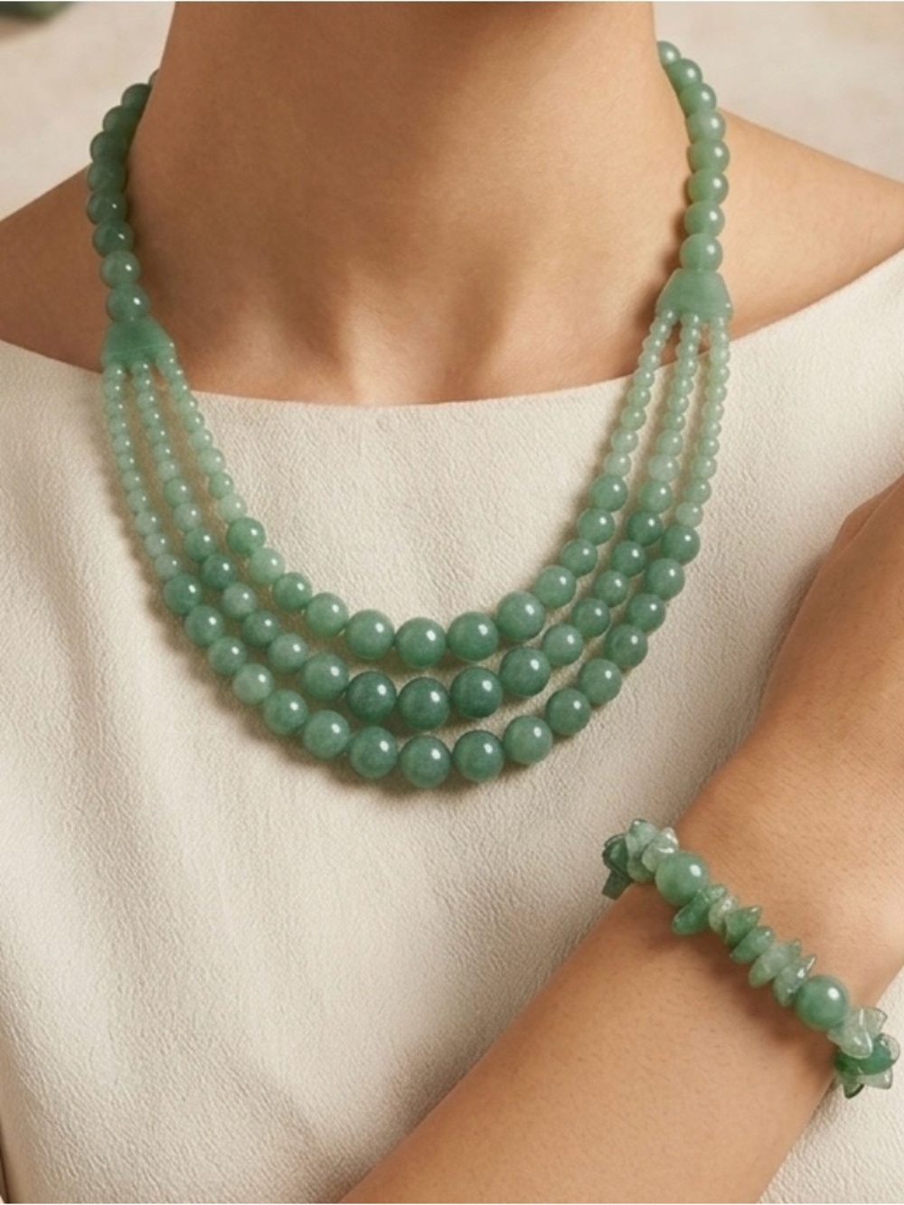 Southwestern Green Aventurine 16” Long 3 Strand Beaded Necklace & Bracelet Set - Picture 10 of 10
